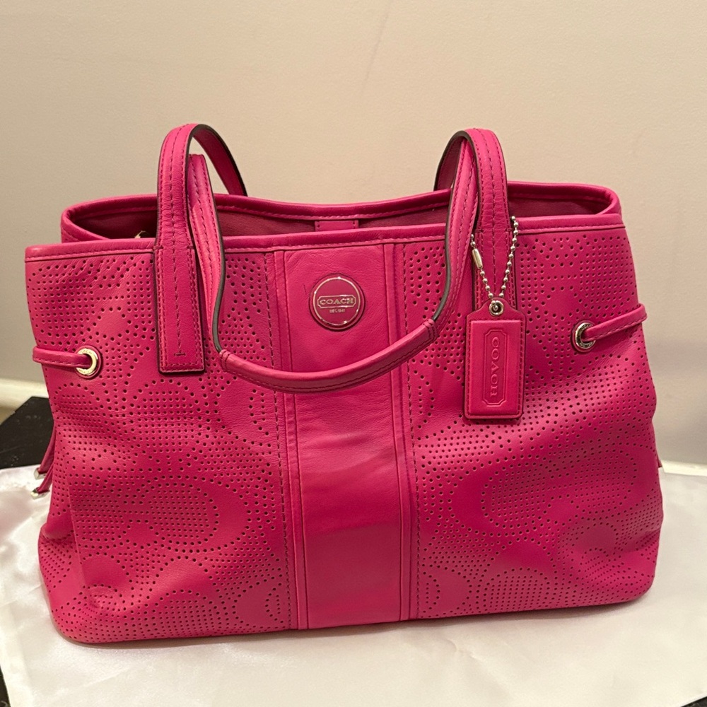 Coach Pink Signature Stripe Perforated Carryall